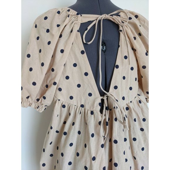 Two Little Sisters Mini Dress Polka Dot Puff Sleeve Halsey Beige BNWT Size 14 - Picture 4 of 7